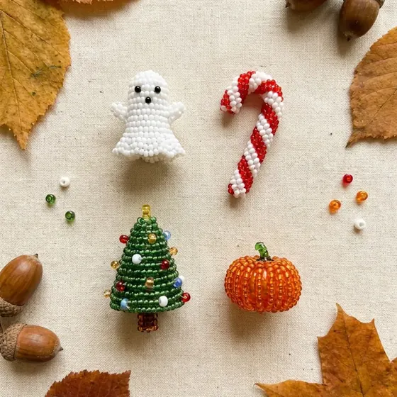 Beaded ghost, candy cane, christmas tree and pumpkin