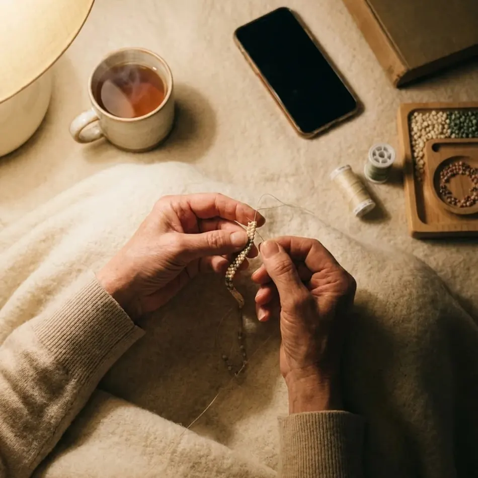 Hands weaving beads at night beside a cup of tea and a face-down phone