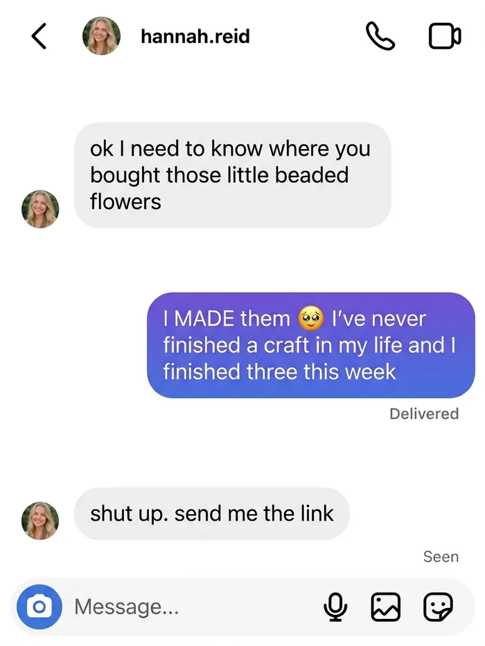 Instagram DM: I have never finished a craft in my life and I finished three this week