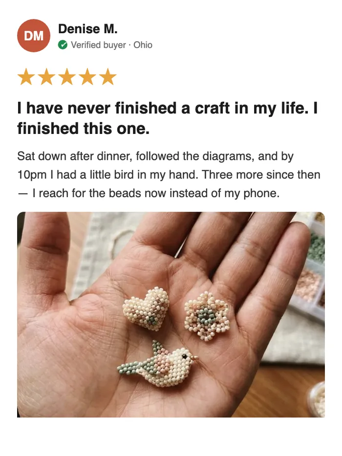 Five-star review from Denise M. with a photo of her finished beaded pieces